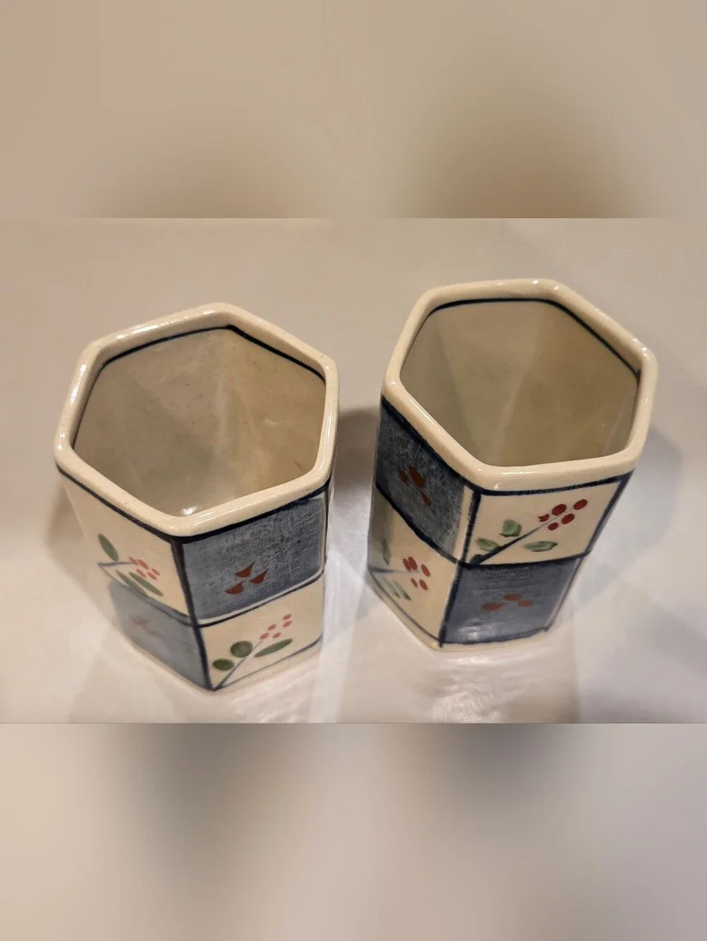 Vintage Katani Ware Hand-Painted Blue and Cream Hexagonal Ceramic Tea Or Saki